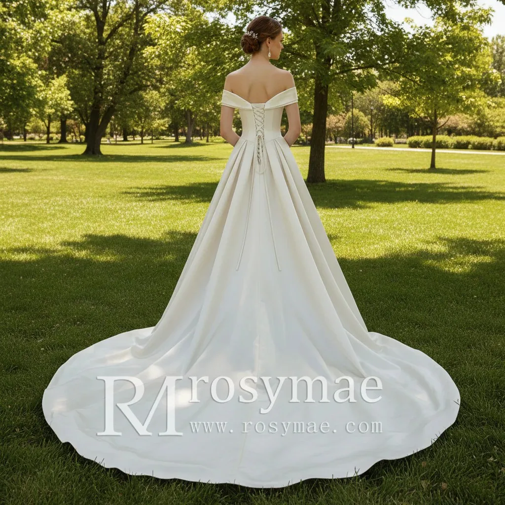 Rosymae Schulterfreies A-Linien-Brautkleid aus Champagner-Satin mit V-Ausschnitt, elegantes Brautkleid