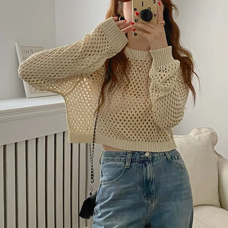 

2023 New Arrival Summer Korean Style Women Long Sleeve O-neck Short Pullover All-matched Knitted Hollow Out Sweater D49