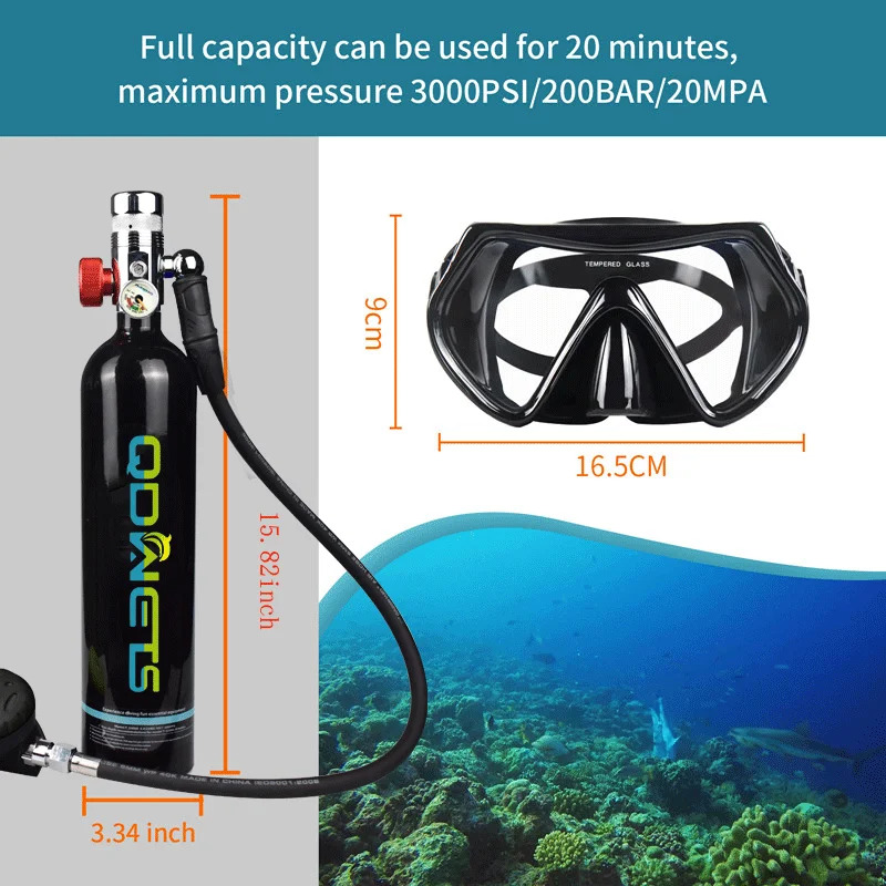 QDWETS 1L Diving Tank Equipment,Mini Scuba Cylinder High Pressure Air Pump with 15-20 Minutes Scuba Tank Refill Adapter for Unde