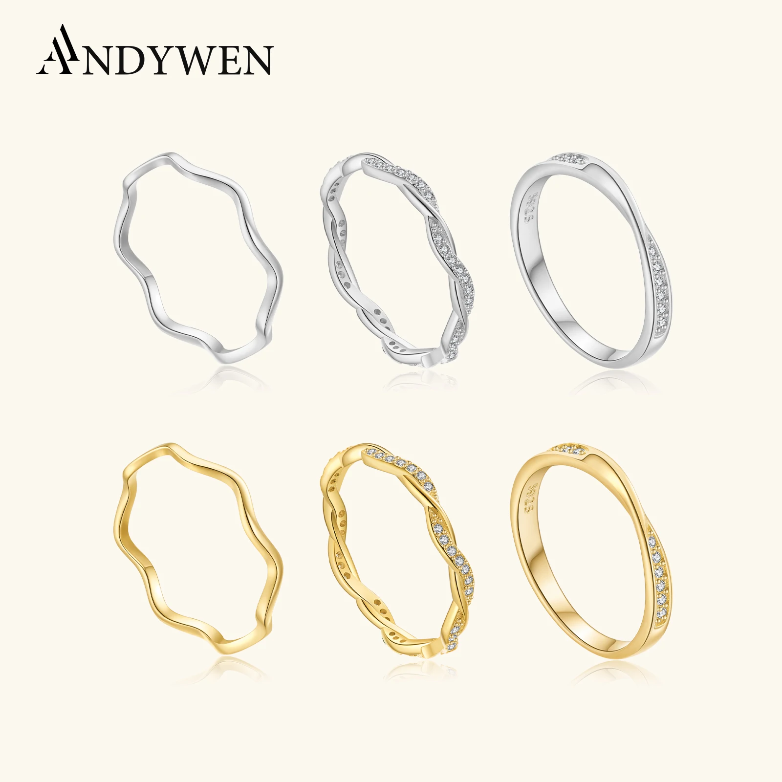 

ANDYWEN кольцо серии Wave из стерлингового серебра 925 пробы с цирконом, уникальные изогнутые ювелирные изделия 2025 года, идеально подходящие для женщин, вечерние/ежедневный подарок