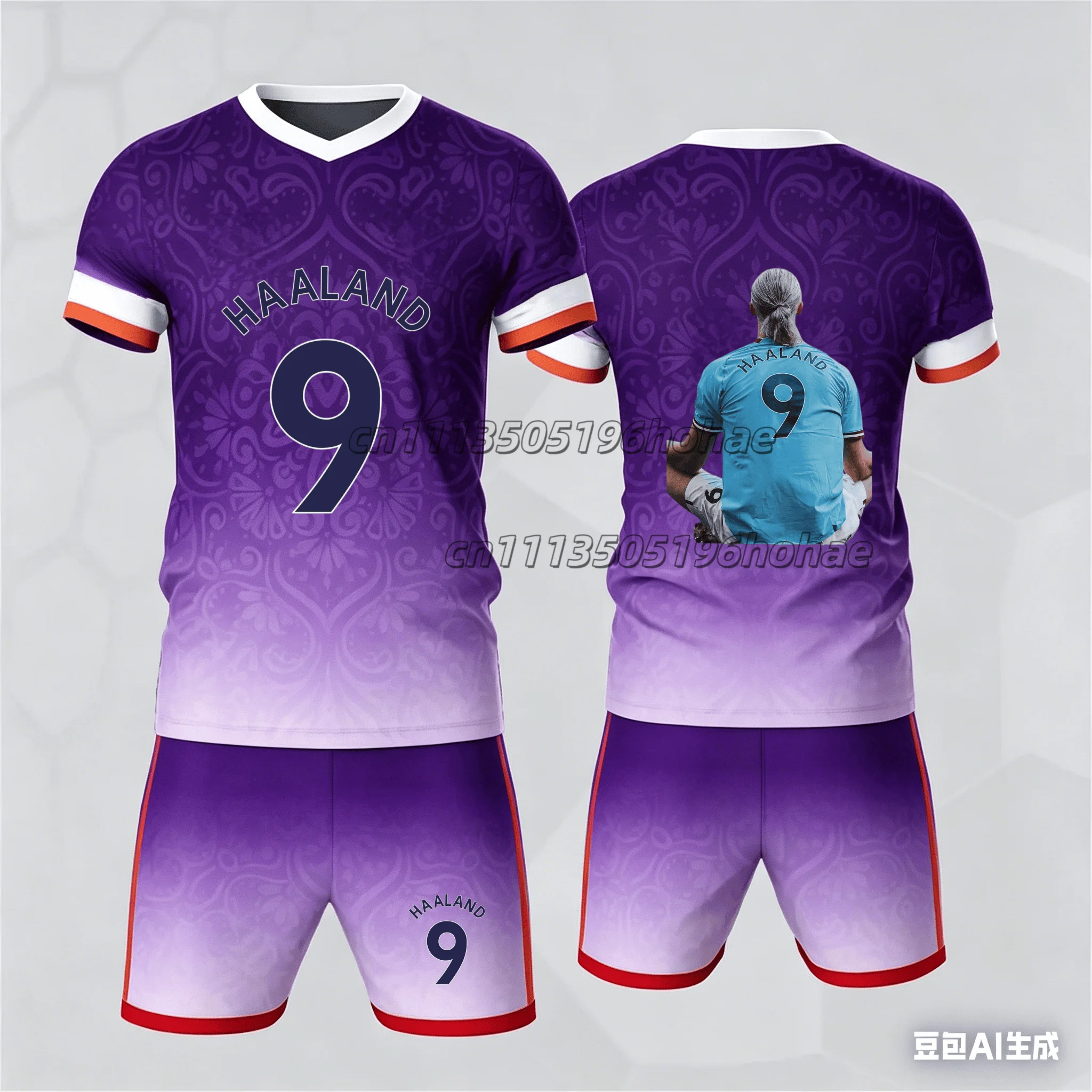 New Summer Purple Gradient#Haaland No.9#Football Jersey Men's and Women's T-Shirt Shorts Set, Available in Kids' and Adult Sizes