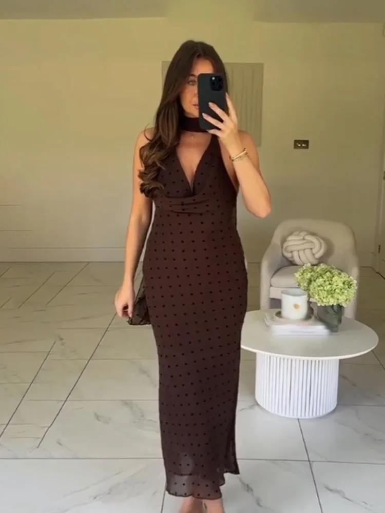 HH 2025 vrouwen Zomer Mode Sexy Jurken Effen Stippen Sjaal Kraag Mouwloze Backless Rits Vrouwelijke Elegante Lange Jurk