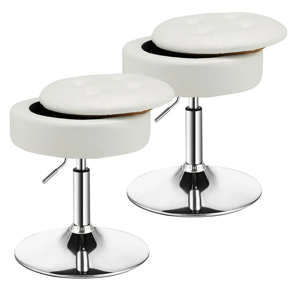 Costway Set of 2 Adjustable Vanity Stool 360° Swivel Storage Makeup Chair w/ Tray White