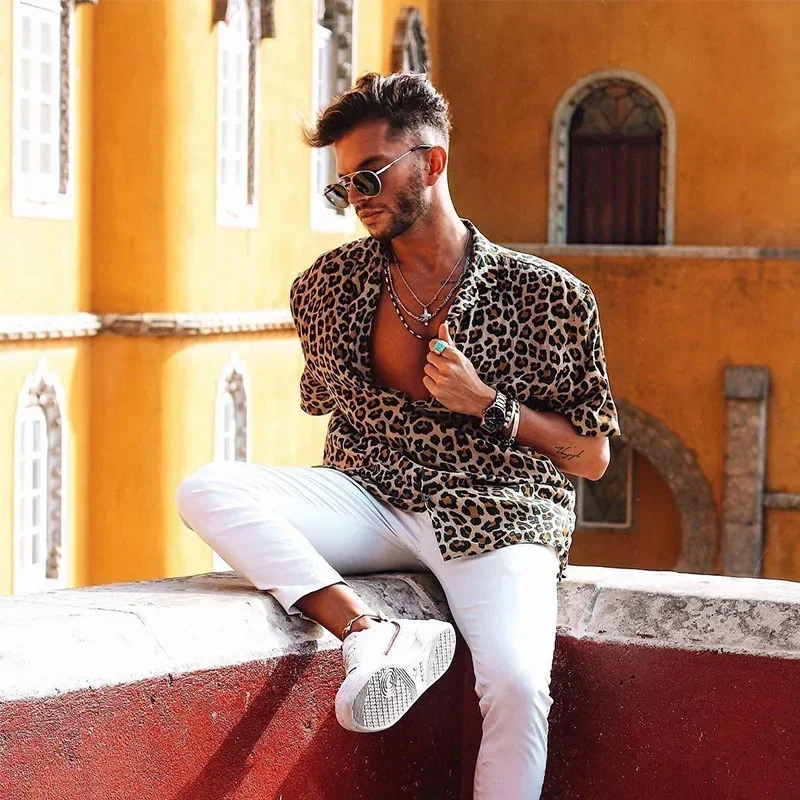 

New Leopard Print Men's Shirts Tops Summer Short Sleeve Turn-down Collar Single Breasted Hawaiian Shirt Mens Camisas