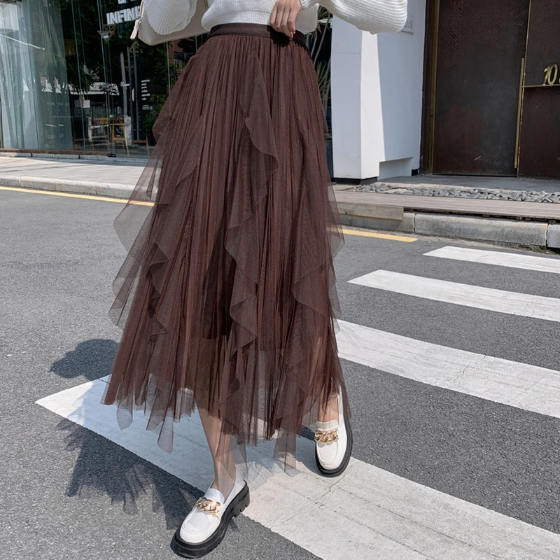 

Summer Irregular Pleated Mesh Skirt Women Casual Fashion Ruffle Party Long Skirts Elastic High Waist