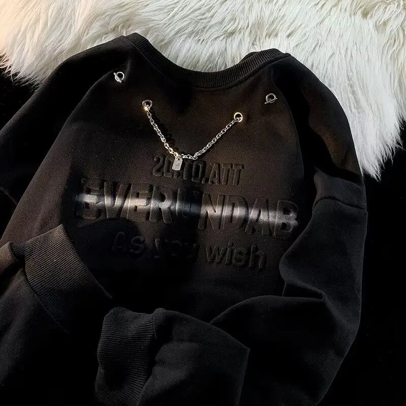 Embossed round neck necklace, autumn and winter velvet loose letter top, American high  y2k ins emo street trendy sweatshirt