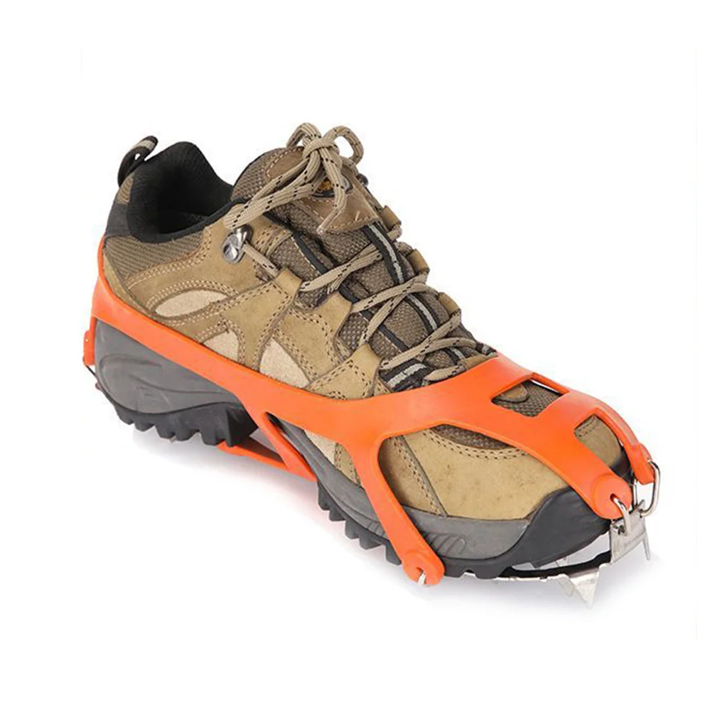 1ペア 18歯 アイススノーグリップ クランポン オレンジ サイズ 熱処理済みクリート ハイキング ウォーキング 車道用 アイスクリート スパイク クランポン