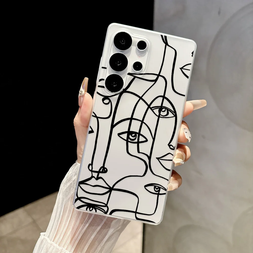 Matte White Clear Phone Case for Samsung Galaxy S26 S25 Ultra S24 FE A57 5G A07 A06 A15 4G Cases Abstract Face Line Art Fundas