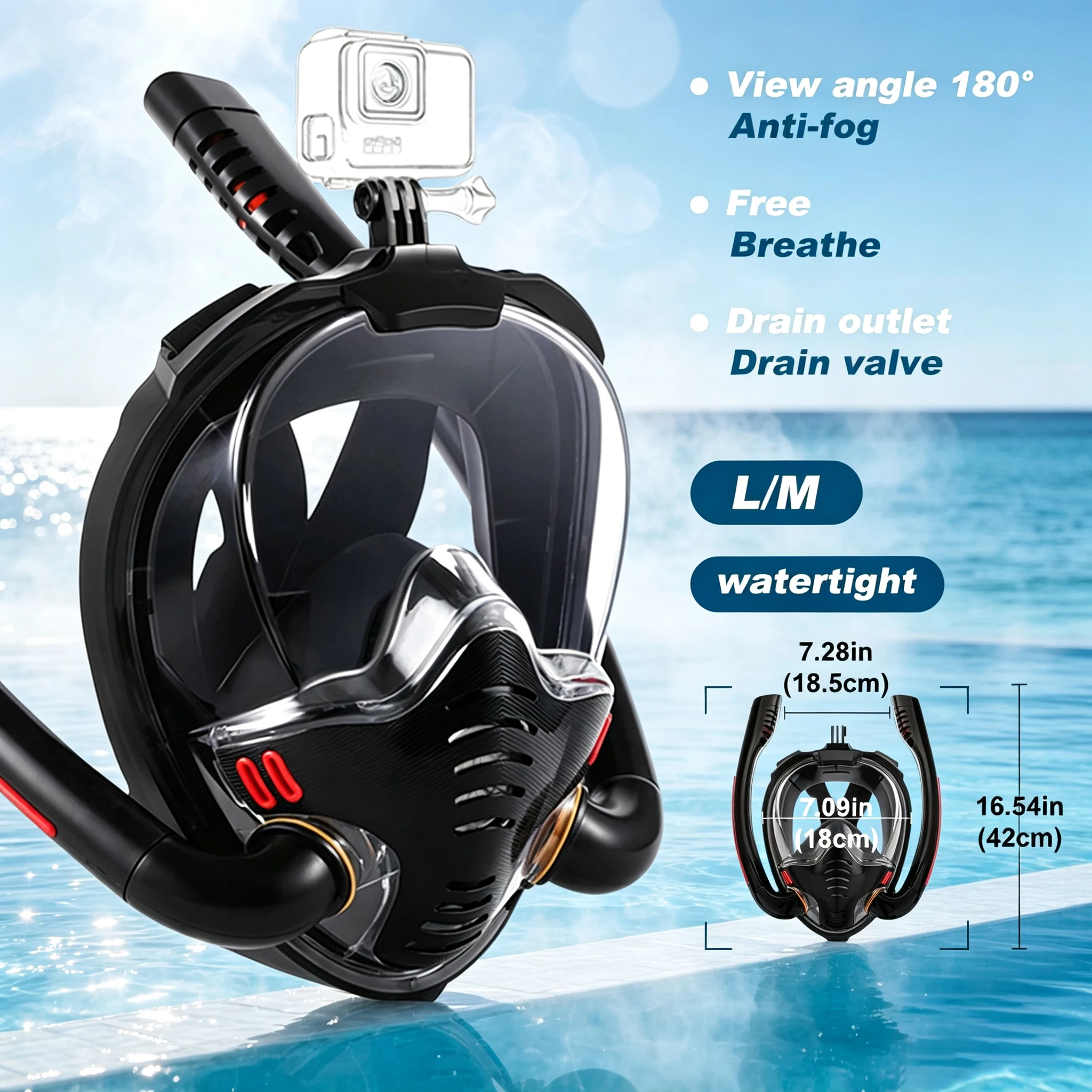 2 PCS Full-Face Snorkel Mask Set Anti-Fog Panoramic Diving Mask with Camera Mount—Underwater Swim Snorkeling Gear Adults Teens