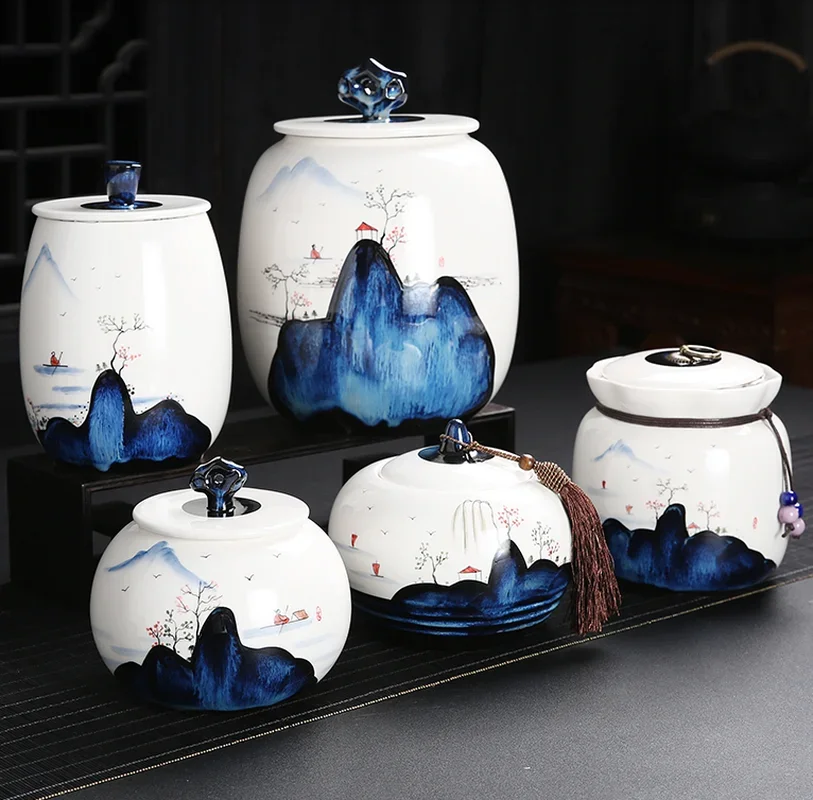 Tea Caddy Ceramic Pu'er Sealed Storage Jar Household Large with Metal Pull Ring Handmade Mountain Watercolor Painting