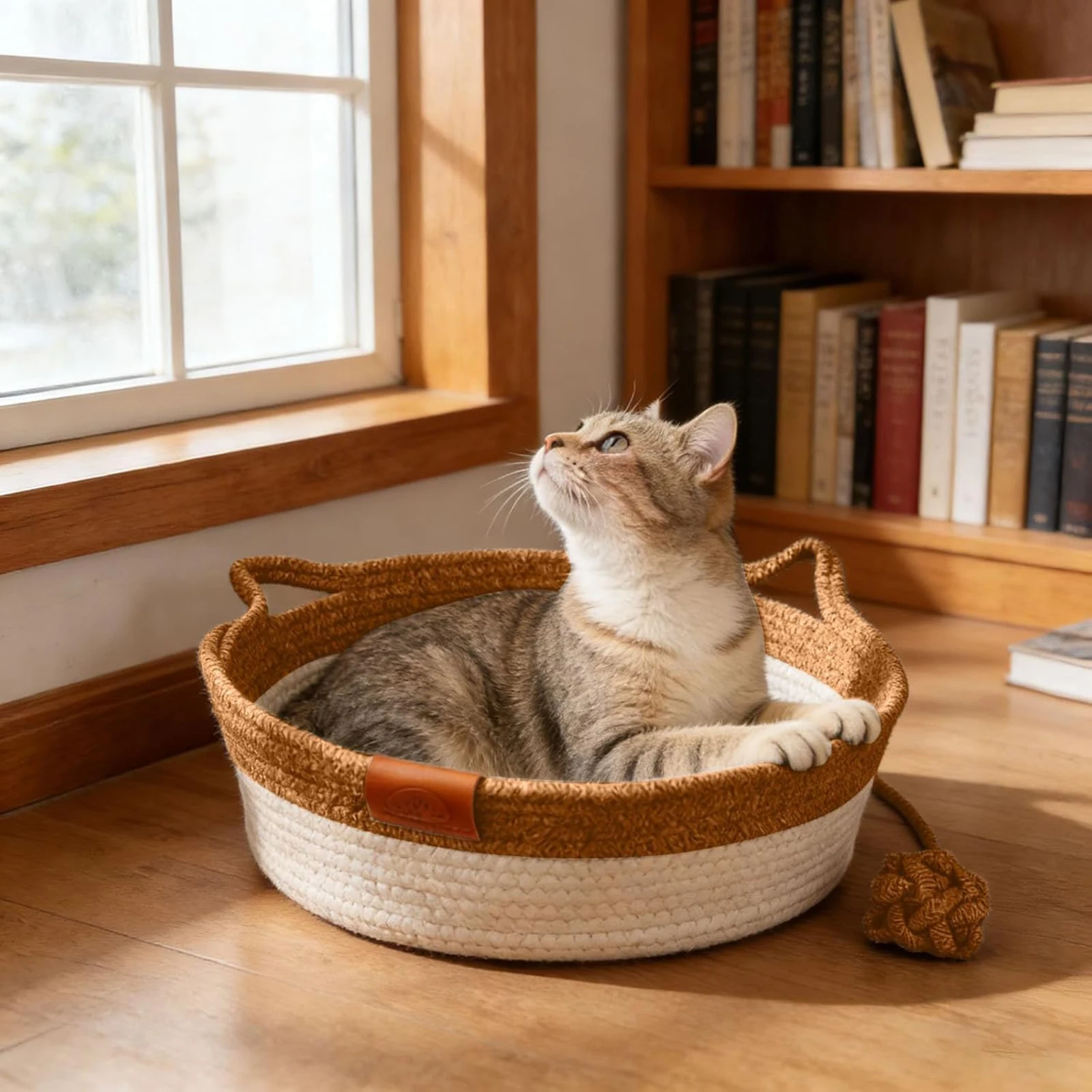 Cesta Instinct para Gatos, Cama de Enriquecimento em Corda de Algodão Artesanal com Brinquedo em Formato de Cauda e Orelha de Gato, Universal para Todas as Estações