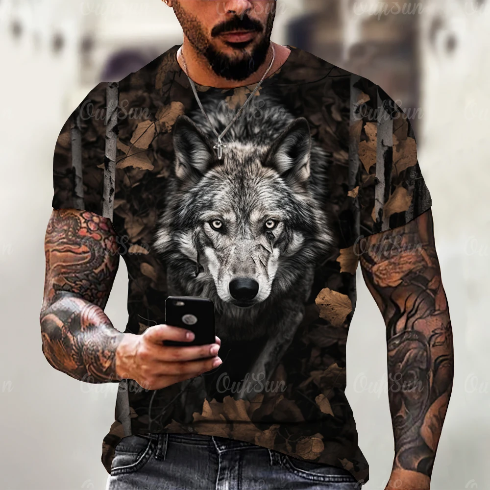 2024 Wolf T-Shirt For Mens Animal Print Short Sleeve Top Hunting T-Shirts Streetwear Oversized Tees Shirt Vintage Men's Clothing