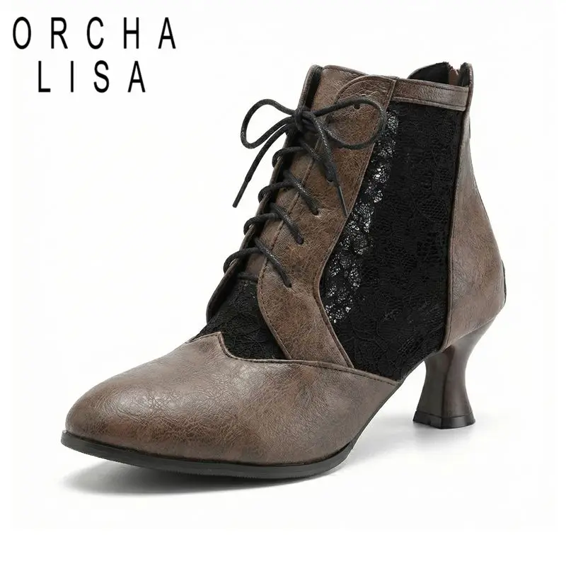 

ORCHALISA Женские летние ботильоны с острым носком, на каблуке 6 см, на шнуровке, из дышащей сетки, большие размеры 47, 48, 49, 50