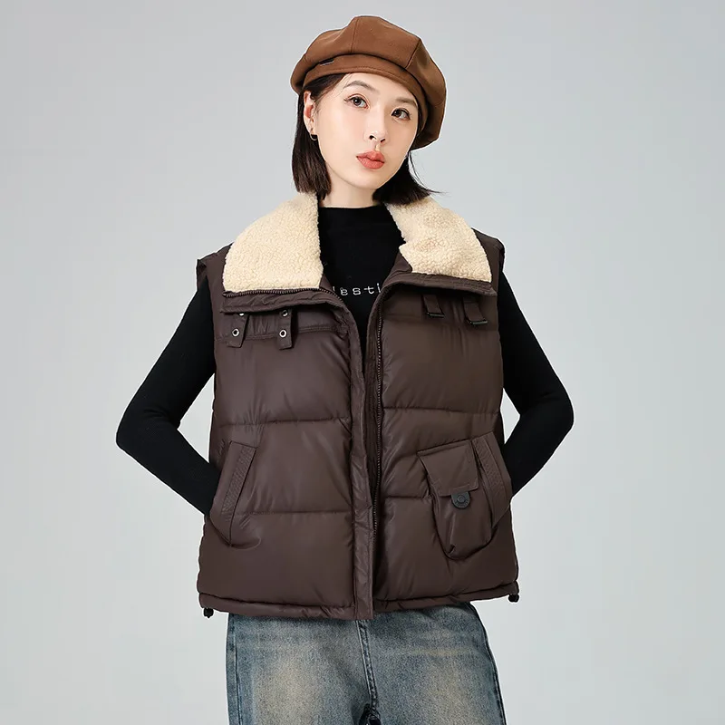 Faux Lamswollen Kraag Katoen Gevoerd Vest Dames Winter Lichtgewicht Warm Mouwloos Gewatteerd Jasje Chique Opstaande Kraag Korte Parka's