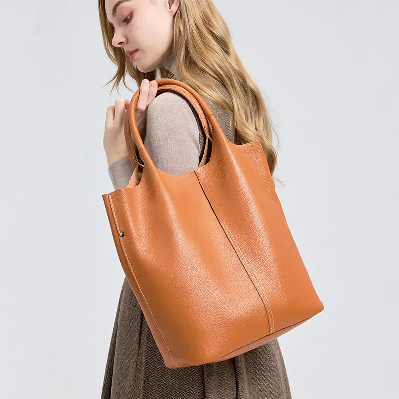

Top Layer Cowhide Women's Bucket Bag New Genuine Leather Luxury Designer Large Women Shoulder Bag High Quality Female Handbag