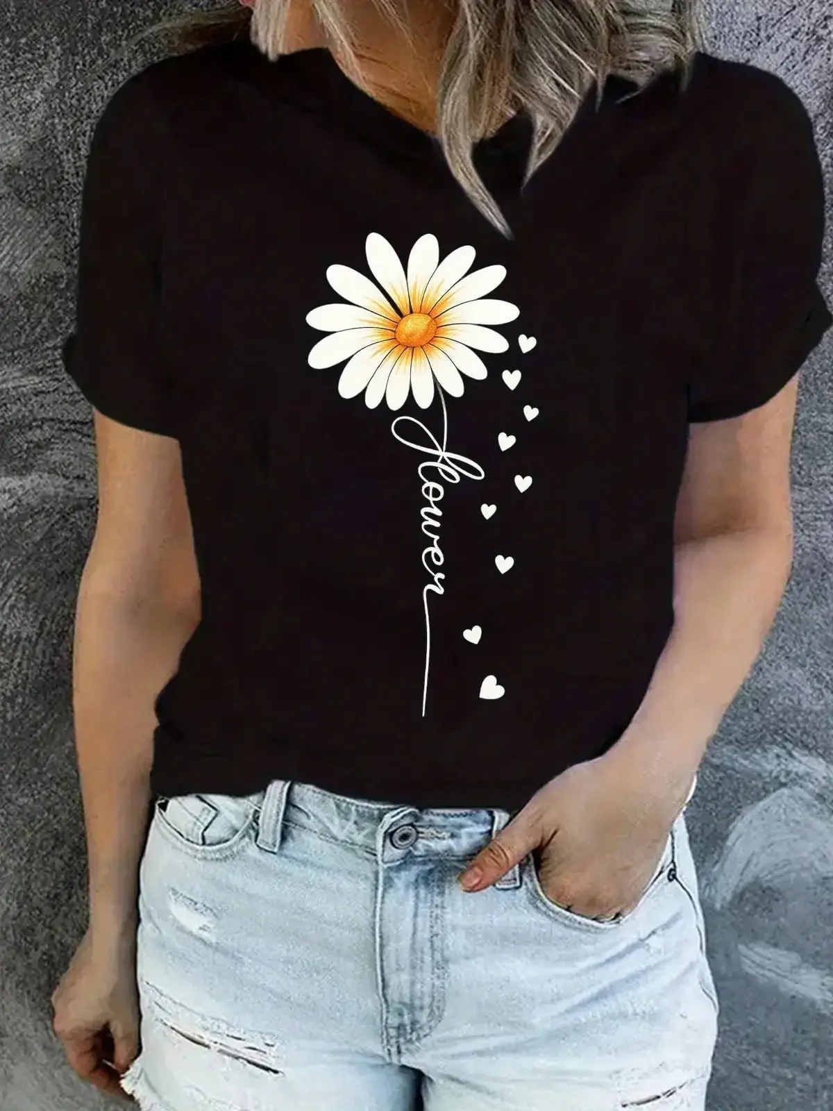 Women Casual Floral Print Top Round Neck, SpringSummer , Floral Print Blouse, White Daisy Floral Print, Nontransparent Fabric, Women'S Short Sleeve Round Neck Ombre Daisy & Butterfly Print Slight Stretch, Blusas Bonitas Para Mujeres