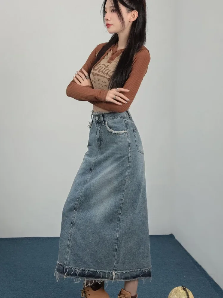 

8 Sizes Midi Skirts Women Distresses Denim European Basic Solid Slit-design Autumn Y2k Streetwear Chic Faldas Mujer Daily New