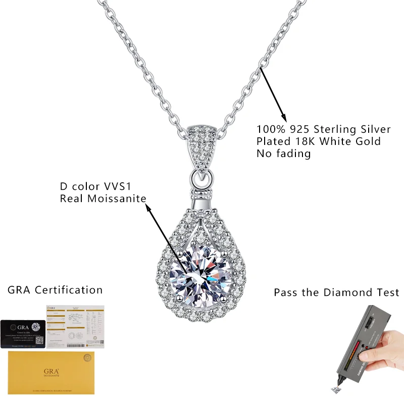 1-5CT Moissanite Pear Pendant Necklace for Women S925 Sterling Silver Full Diamond with GRA Certificate Adjustable Chain Jewelry