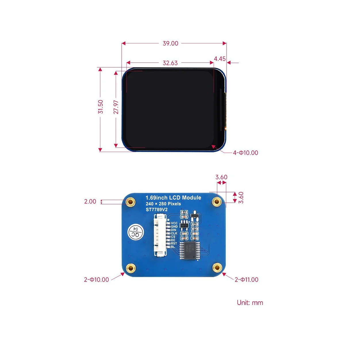 For Raspberry Pi 1.69 Inch IPS Display Color LCD 240 X 280 Resolution SPI Interface 262K Color Screen for Arduino STM32