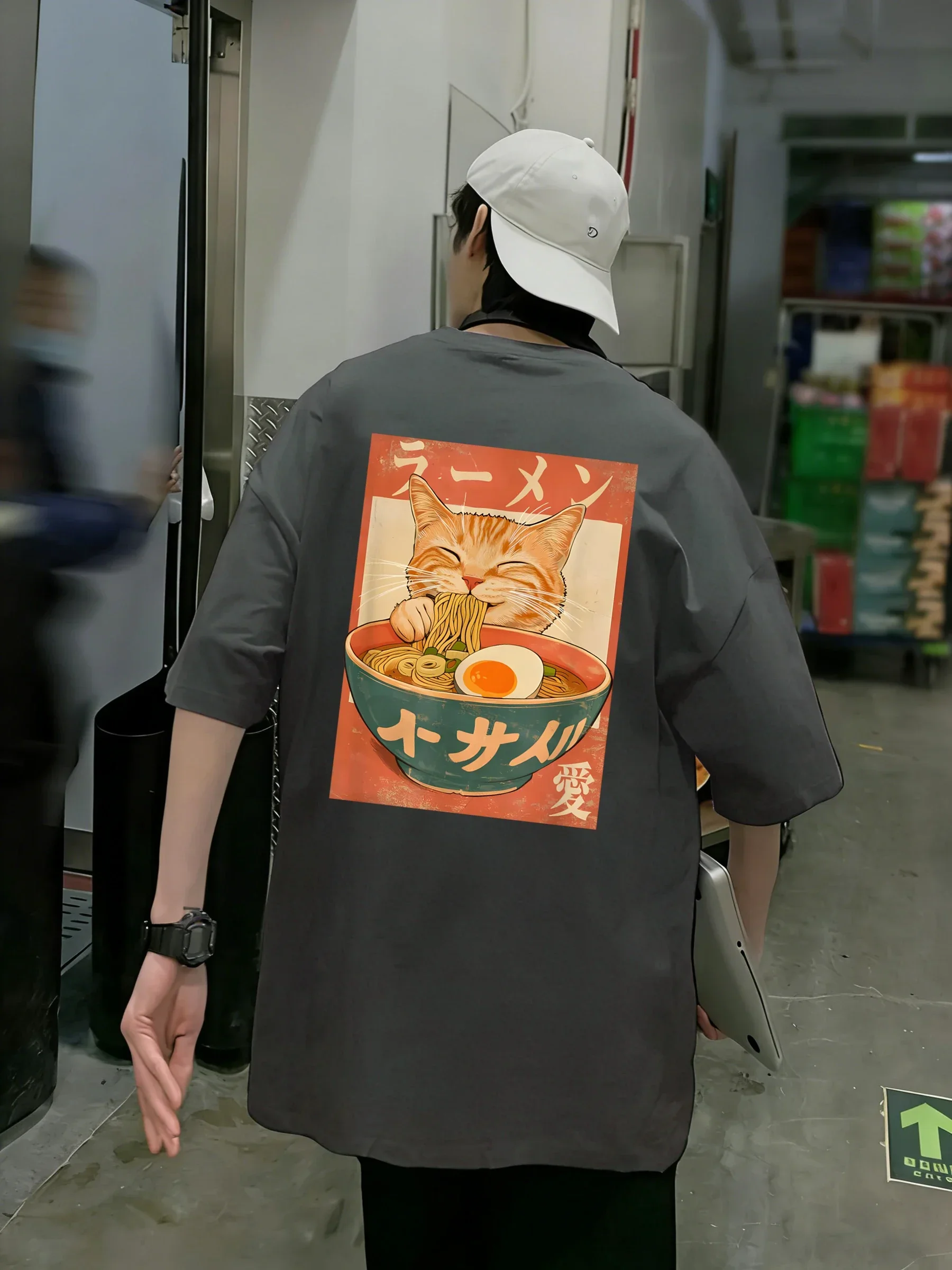 Eating Noodles Will Make Cats Happy Man T-Shirt Loose Cotton Tee Trendy Crewneck Short Sleeve Unisex Summer Casual Streetwear