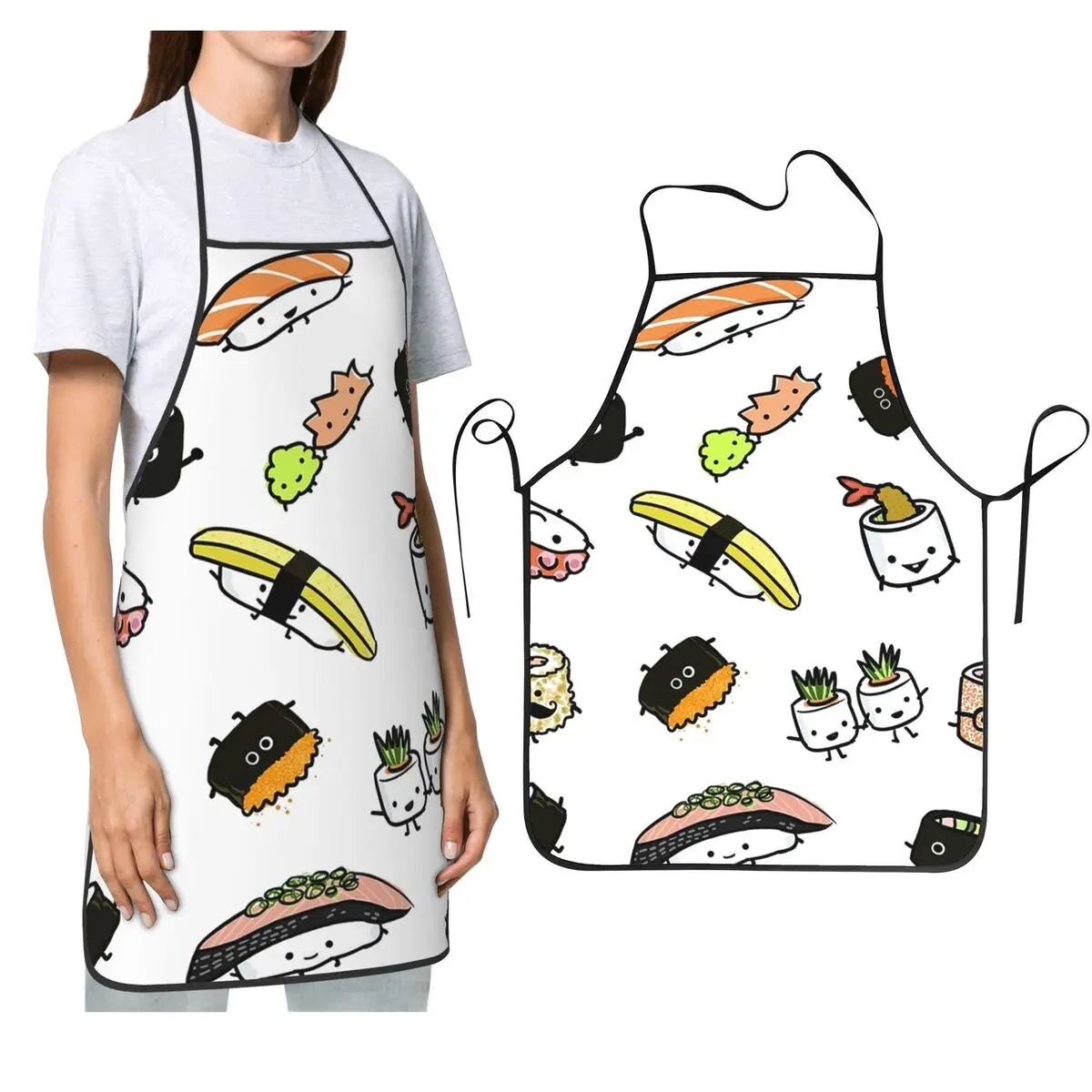 Cute Sushi Characters Pattern Apron Chef Cooking Baking Tablier Waterproof Bib Kitchen Cleaning Pinafore for Women Men Painting