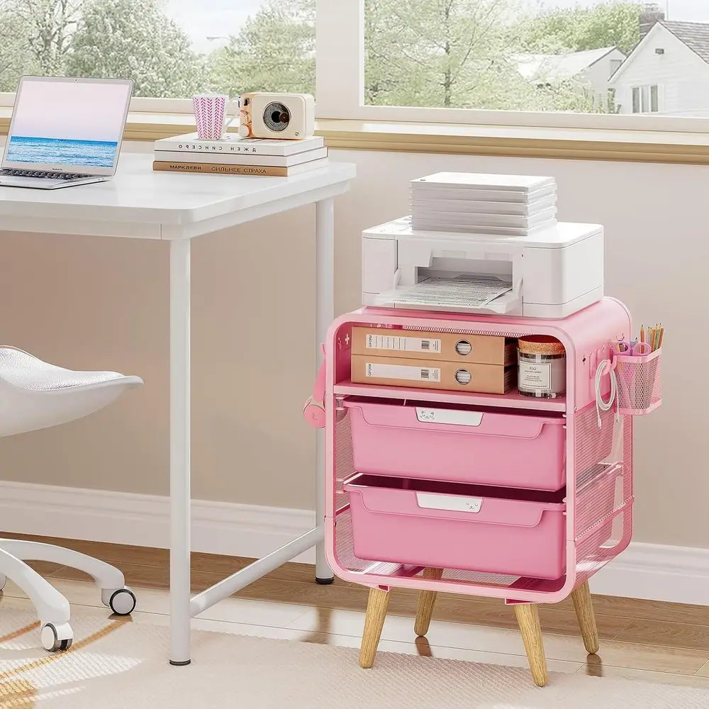 Compact Pink Storage Nightstand for Kids, Bedroom, Dorm, and Office Use