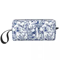 Custom Travel French Toile De Jouy Toiletry Bag Floral And Animal Forest Indigo Cosmetic Makeup Organizer Storage Dopp Kit Case