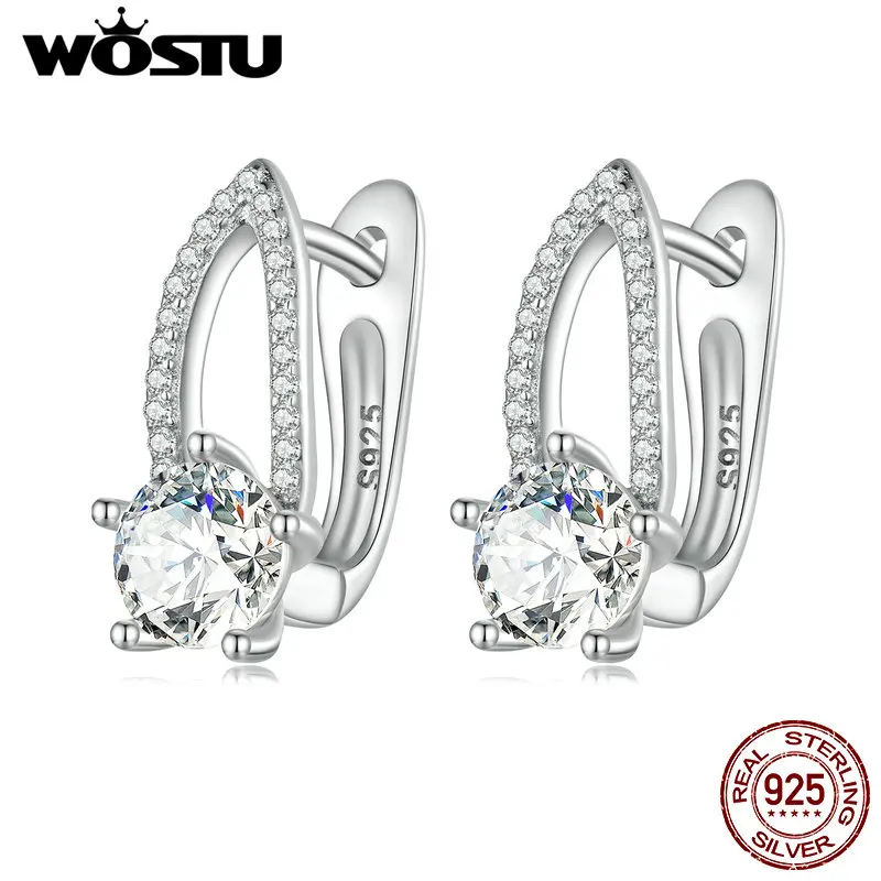 WOSTU Wedding Bullet Shape Hoop Earrings For Women 925 Sterling Silver Round AAA Zircon Drop Dangle Earring Minimalism Jewelry