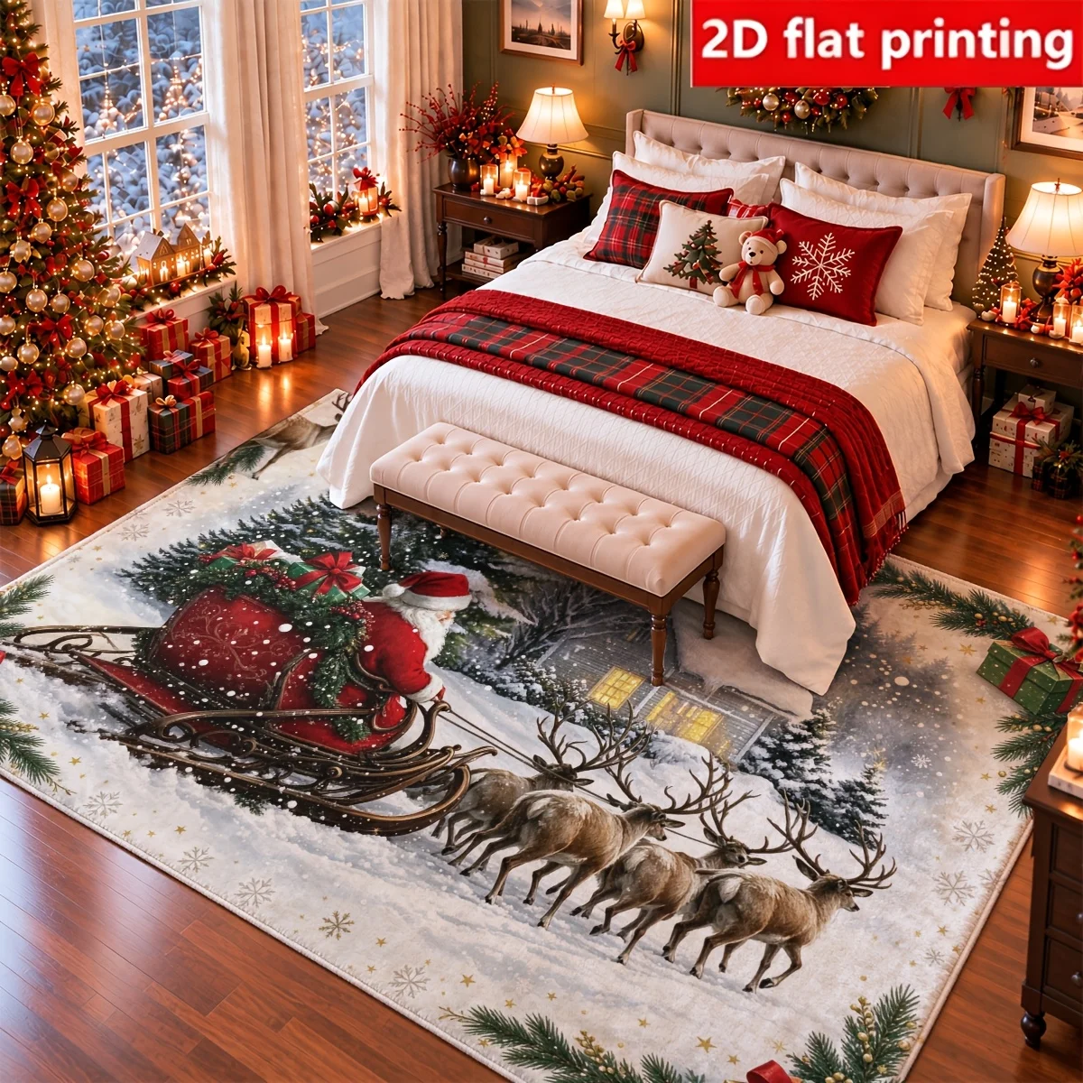1pc 2D Flat Santa Sleigh Reindeer Snowy Winter House Gift Box Printed Floor Mat, Decorative Rug for Living Room, Bedroom, Home