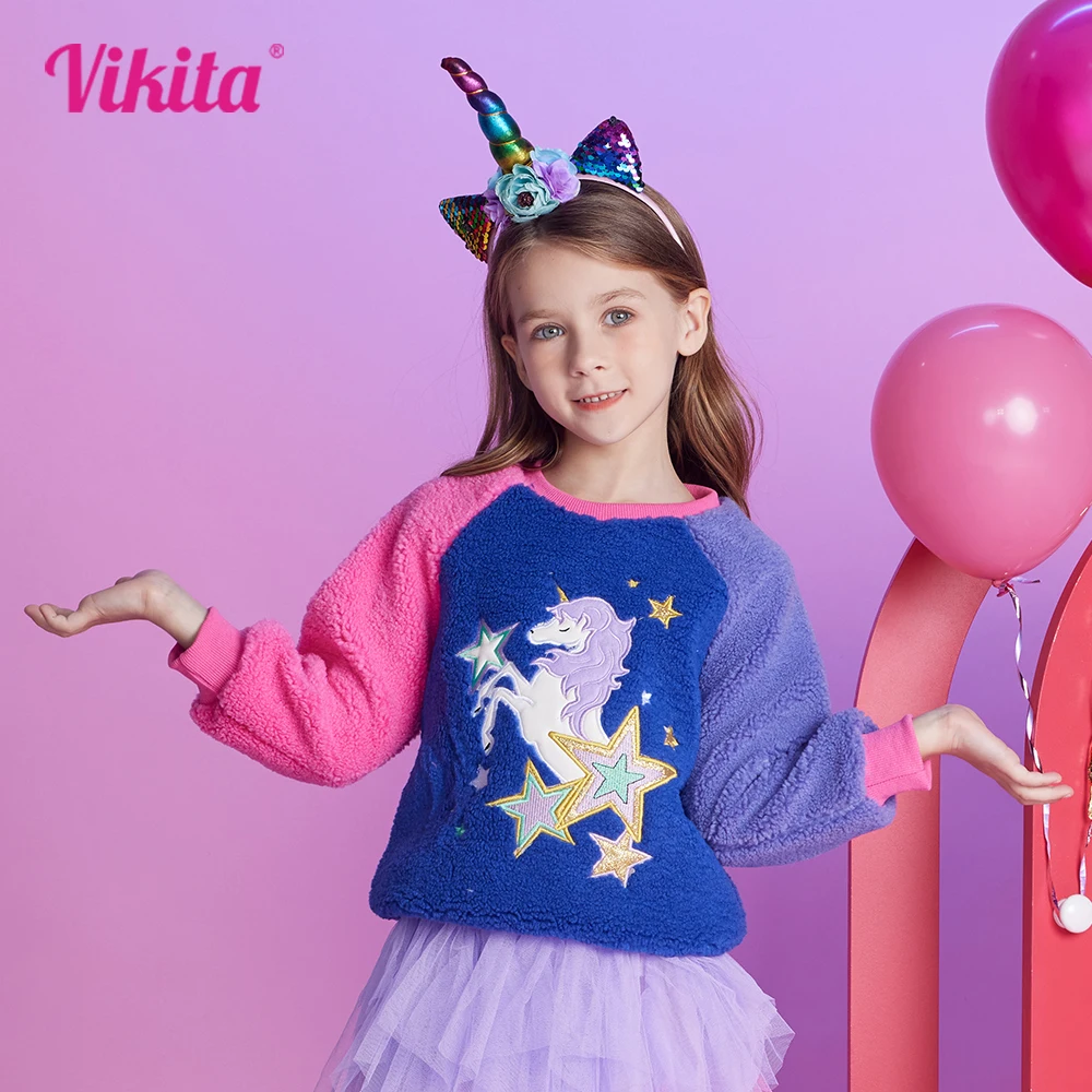 VIKITA Girls Autumn Winter Thick Sweatshirts Kids Unicorn Star Appliqued Cartoon Pullover Patchwork Outwear Children Clothing