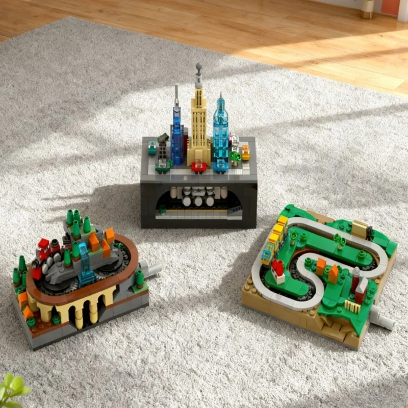 MOC Building Blocks Hand-Cranked Train Track Model DIY Assembly Small Train Desktop Ornament Toy