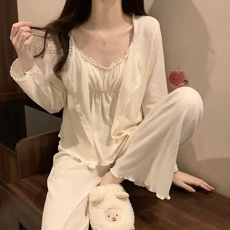 Lace Women Pajamas Set Autumn Sleepwear Long Sleeve Pants Suit Button Sets for Women 3 Pieces Ruffles Piiama Button Night Wears