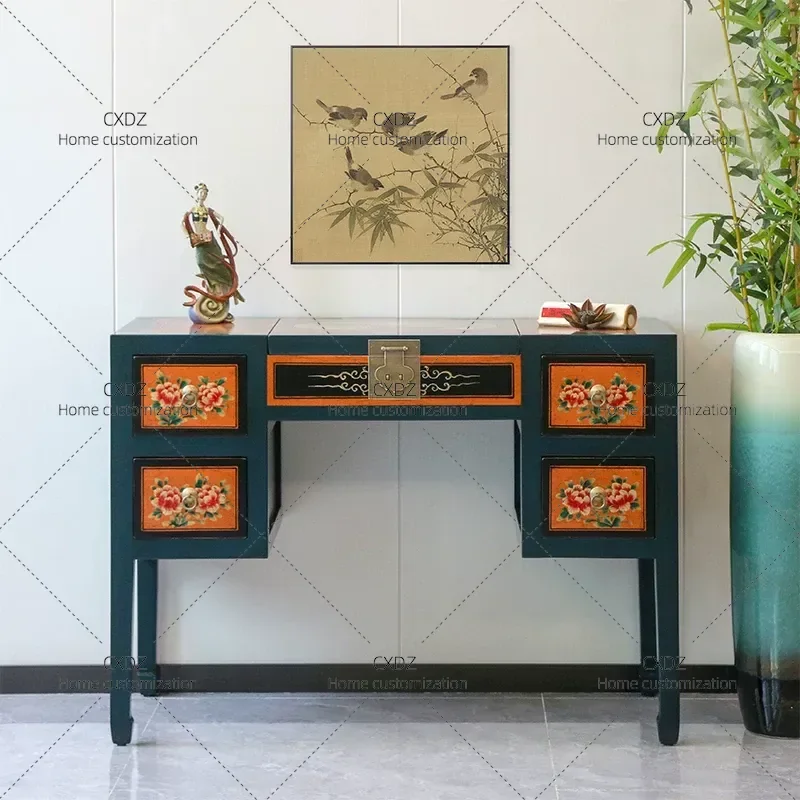 New Chinese Style Retro Painted Dresser Classical Vanity Table with Mirror Storage Desk Small Makeup Table for Bedroom