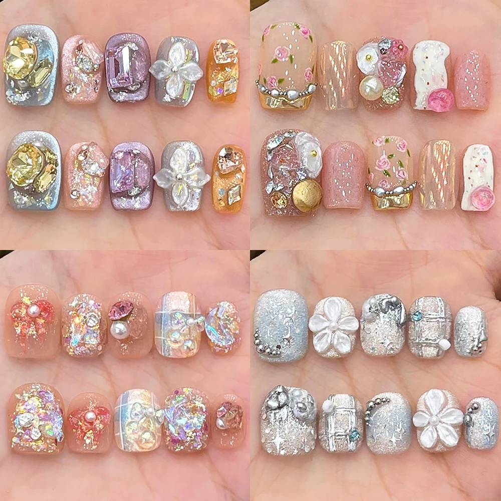 

10Pcs Light Luxury Glitter Short Square Handmade Press On Nails High Quality Colour Rhinestone Flowers Pearl Reusable Fake Nails