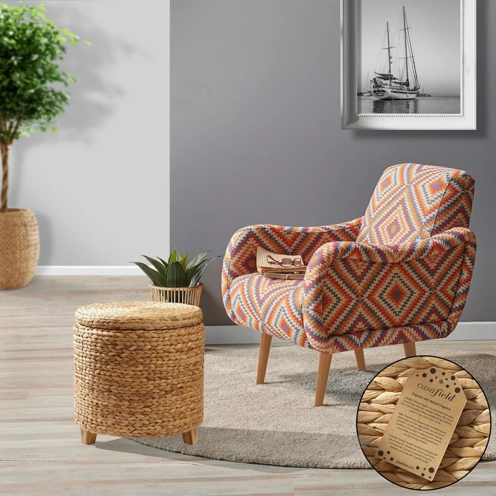 

17" Round Storage Ottoman with Lid - Natural, Handwoven Water Hyacinth Footstool for Living Room, Bedroom