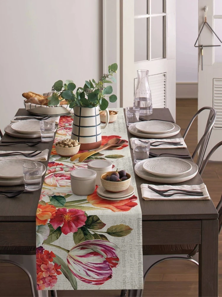 Vintage Flowers Tulips Oil Painting Linen Table Runner Farmhouse Holiday Wedding Party Decor Washable Kitchen Dining Table Decor