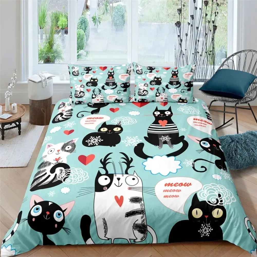 

Cartoons Cute Cat Quilt Cover Polyester Duvet Cover Pillow Case Boy Girl Lovely Animals Bedding Set King Queen Full Size