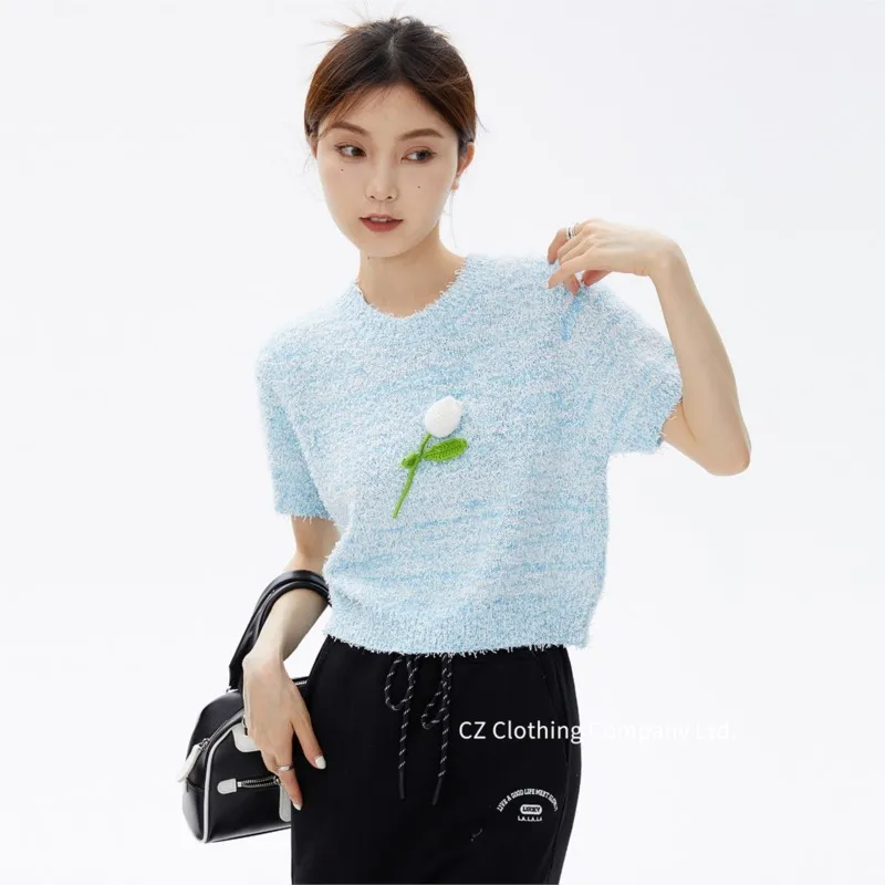 

Pullover Knitted Sweater French Niche Chic Sweater Flower Highquality Temperament Retro Loose Short-sleeved Sweater Women Autumn