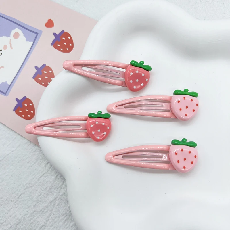 2Pcs/Lot Cute Pink Strawberry Hair Clip For Girls Plastic Hairpin Alloy Barrettes BB Snap Clip Women Hair Accessories