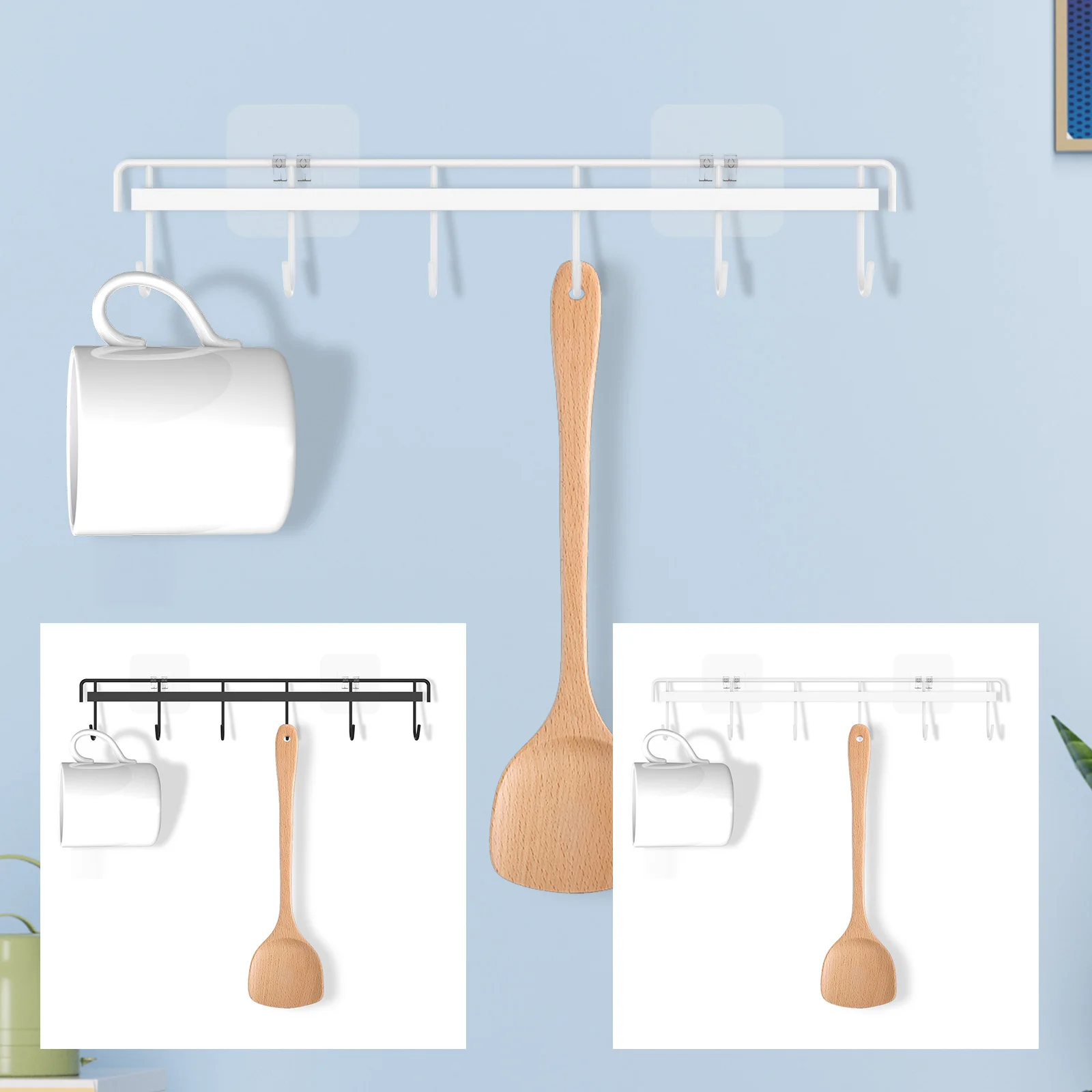 

Полка для кухонной утвари Настенная подвесная полка для посуды с 6 крючками вмещает до 10 фунтов Кухонная вешалка для посуды без сверления