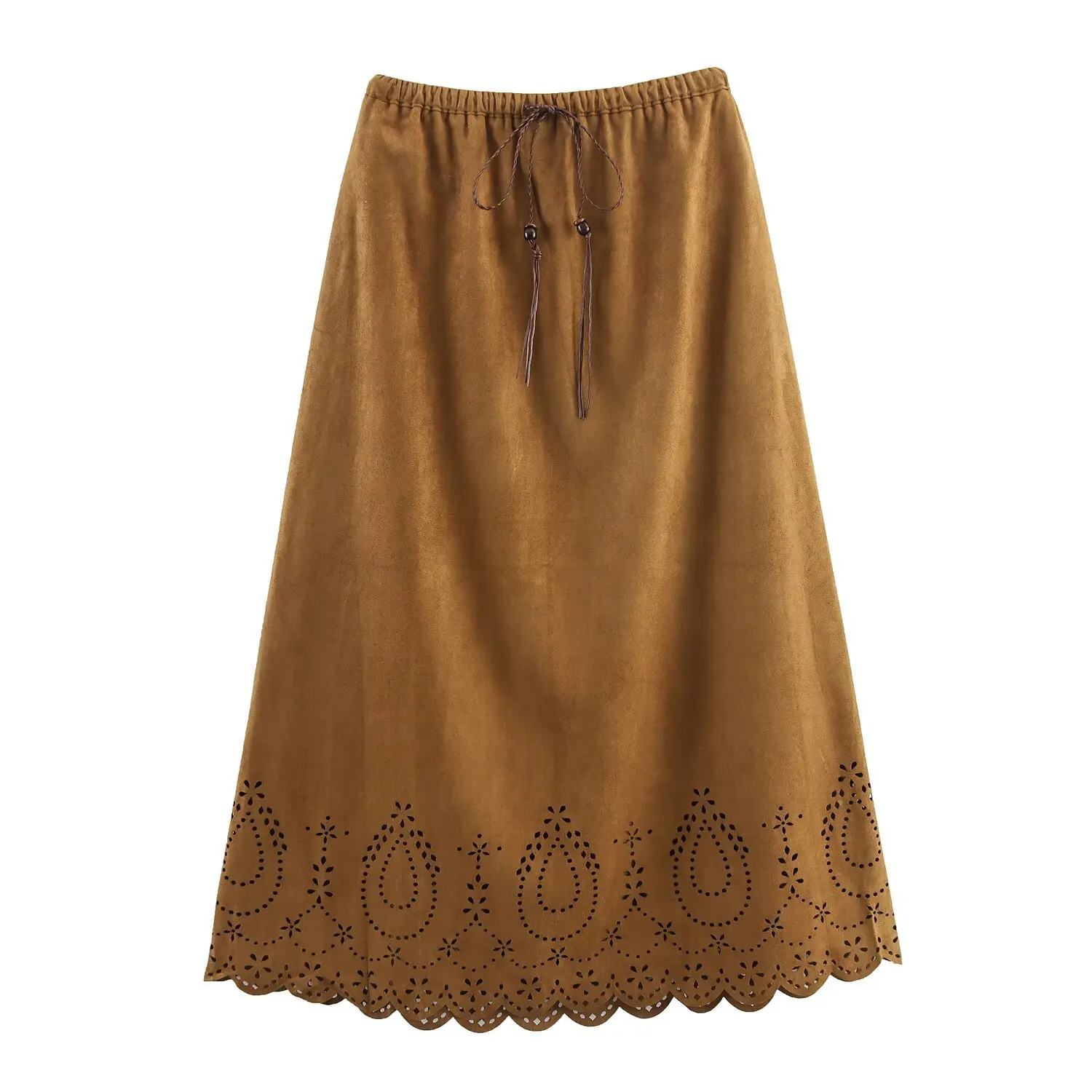Retro Carved Hollow out Long A-Line Skirt Drawstring Lace up Elegant Solid Color Suede Half Body Skirt Autumn