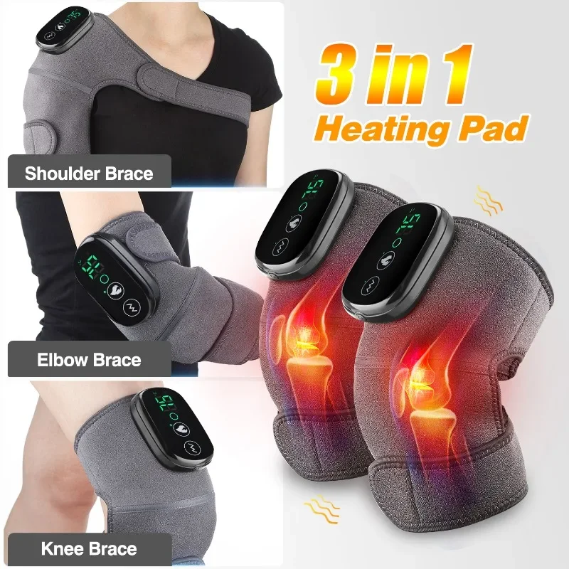 

Thermal Knee Massager 3 in 1 Shoulder Knee Elbow Heating Massage Support Brace Rechargeable Vibration Pad Arthritis Pain Relief