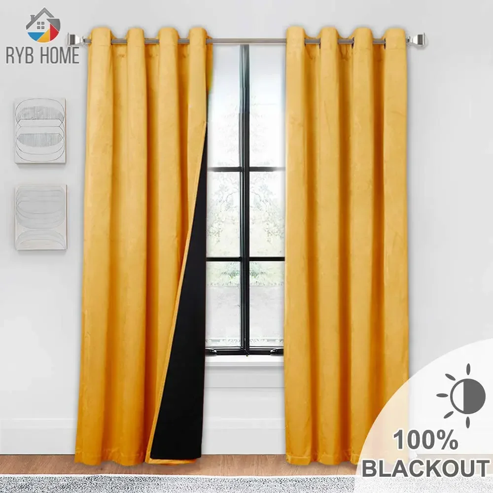 RYB HOME1PC Luxury Blackout Warm Soundproof Drapery Velvet Curtain Sunlight Block Drape for Bedroom House Decoration Living Room