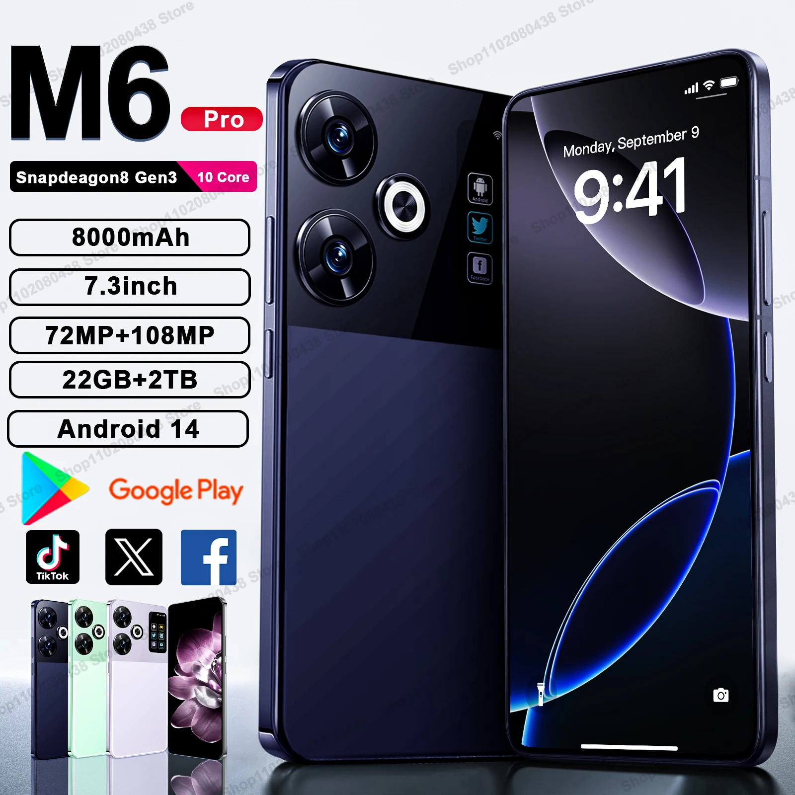 포바 F6 프로 스마트폰, 5G 7.3 인치, 안드로이드 14, 22G + 2T, 스냅드래곤 8, Gen3 듀얼 SIM 휴대폰, NFC 잠금 해제, 8000mAh