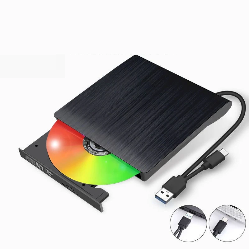 External DVD CD‑RW Drive, USB3.0 & Type‑C Dual‑Interface Portable Optical Disc Burner Reader Writer for Laptop PC