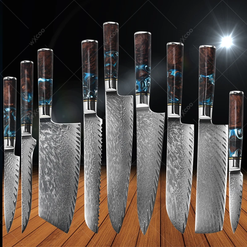 

Damascus Steel Kitchen Knives Resin Handle Western Kitchen Knife VG10 Steel Japanese Chef Knife Santoku Knife Meat Cleaver