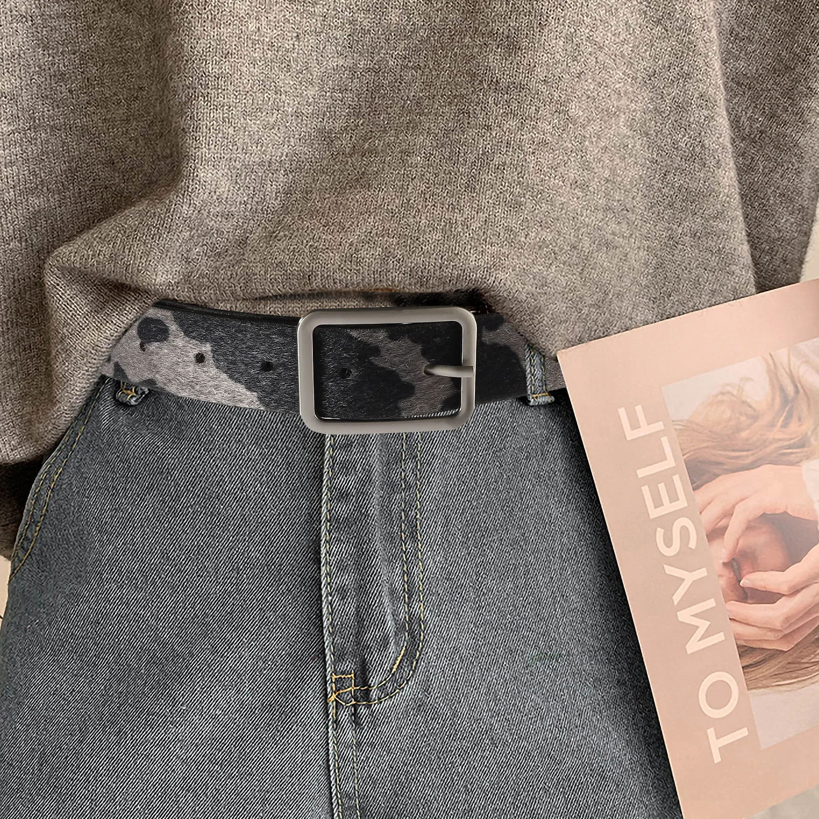 بقرة طباعة حزام المرأة قابل للتعديل الحيوان طباعة الخصر الفرقة للجينز السراويل الغربية الزي الأسود راعية البقر حزام المرأة الغربية #4