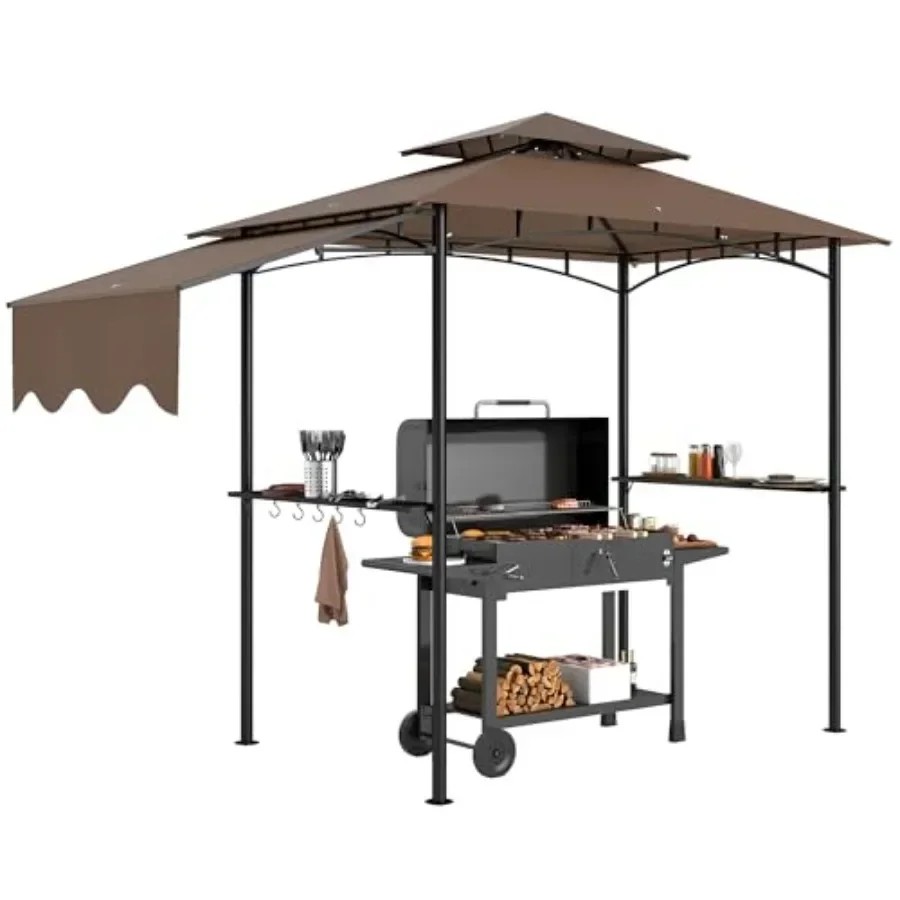 8' x 5' Grill Gazebo Double Tiered Outdoor BBQ Gazebo with Side Awning 2 Side Shelves and 6 Hooks for Patio Deck Yard Brown