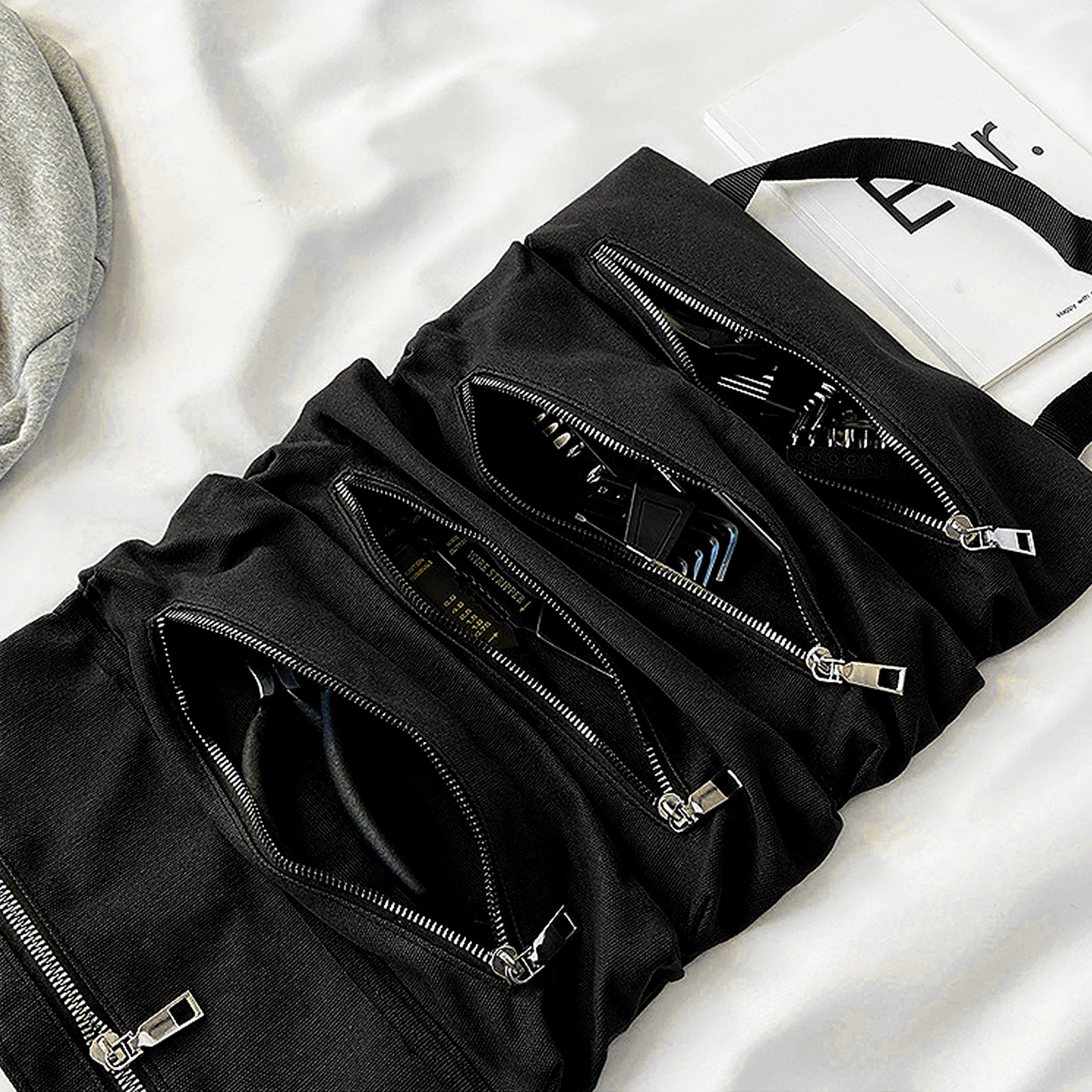 

1pc Car Seat Storage Bag Black Canvas Hanging Pocket Durable Practical Easy Install Space Saver Car Travel Accessories Folding