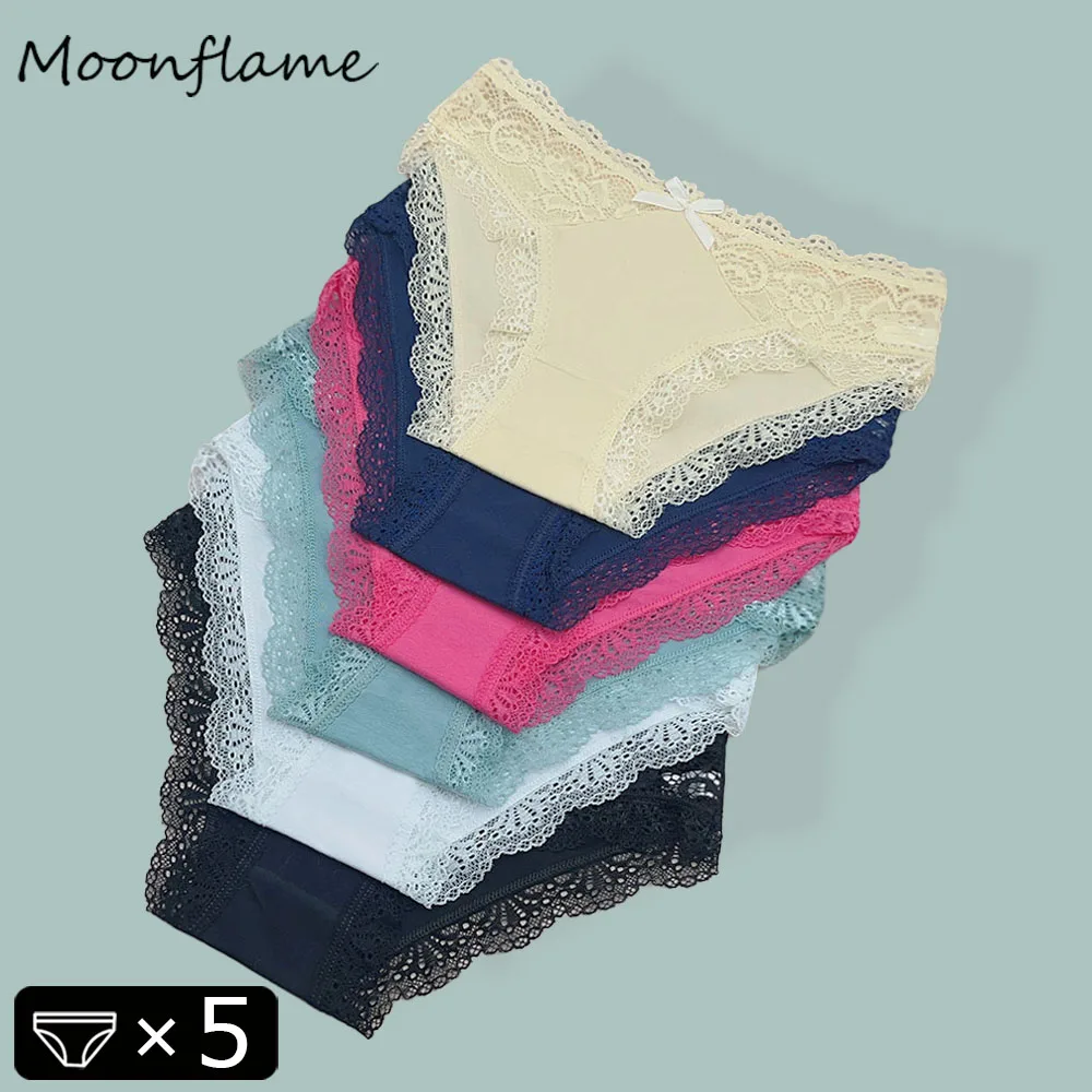 

Moonflame 5 PCS Women Clothing 6 Candy Color M-XL Briefs Sexy Lace Cotton Panites